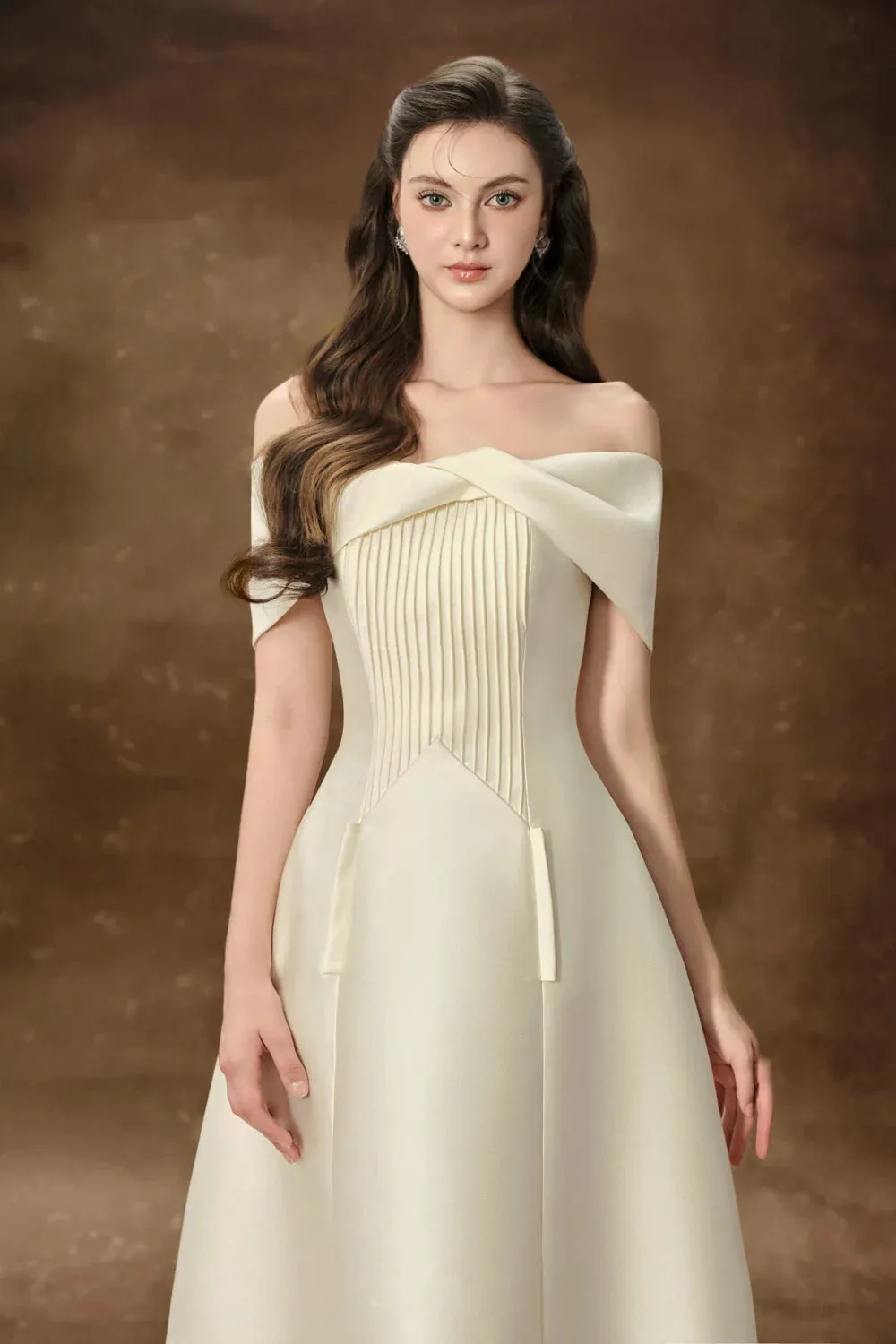 hebera a-line off-shoulder midi dress in cream Gloria Lanvin