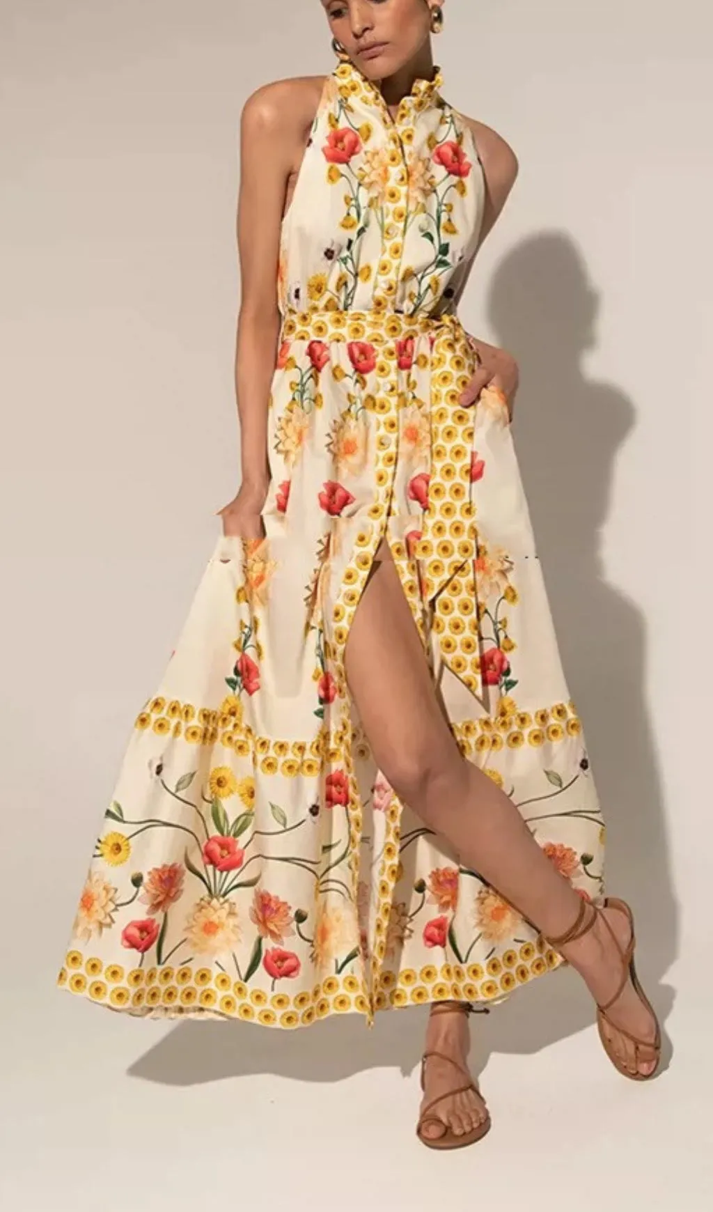 HIGH COLLAR SLEEVELESS LOOSE LACE FLORAL MAXI DRESS Gloria Lanvin