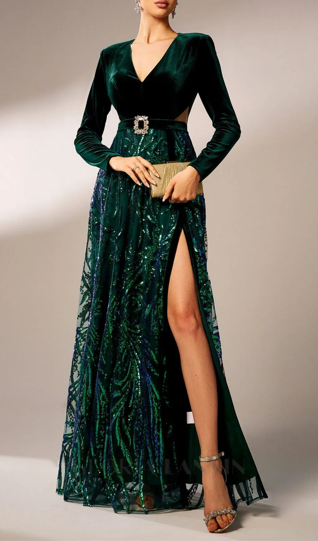 high slit sequin long sleeve maxi dress in green Gloria Lanvin