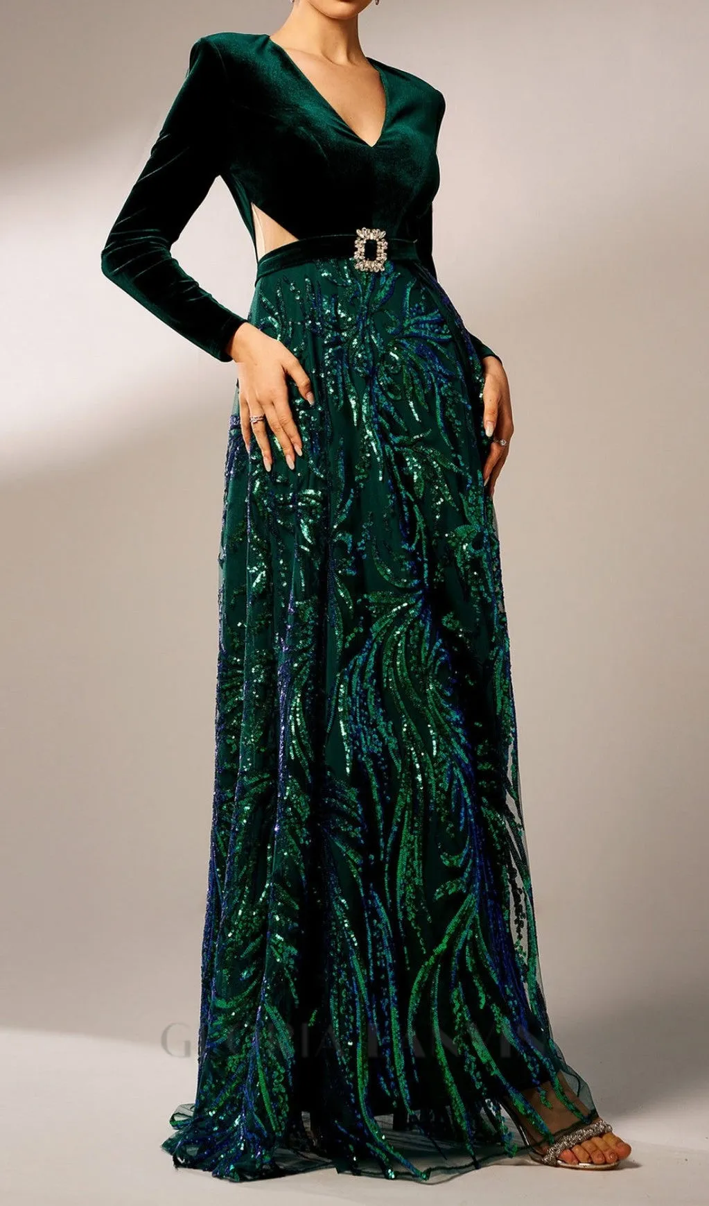high slit sequin long sleeve maxi dress in green Gloria Lanvin