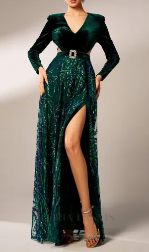 high slit sequin long sleeve maxi dress in green Gloria Lanvin