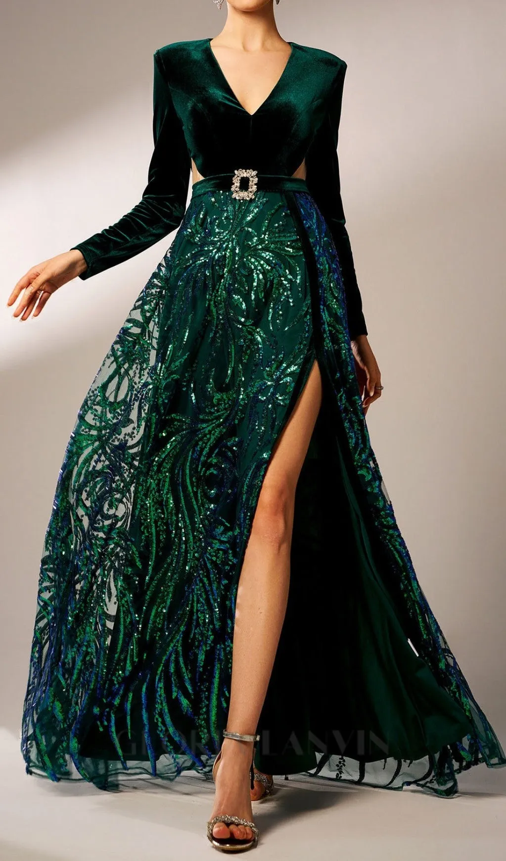 high slit sequin long sleeve maxi dress in green Gloria Lanvin