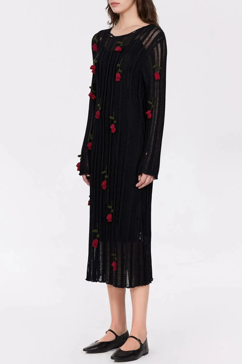 Hilaria Rose Handcrafted Knit Midi Dress in Black Gloria Lanvin