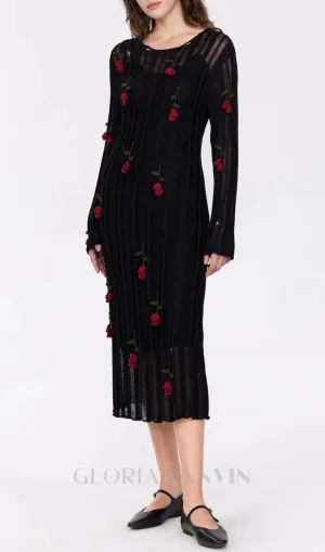 Hilaria Rose Handcrafted Knit Midi Dress in Black Gloria Lanvin