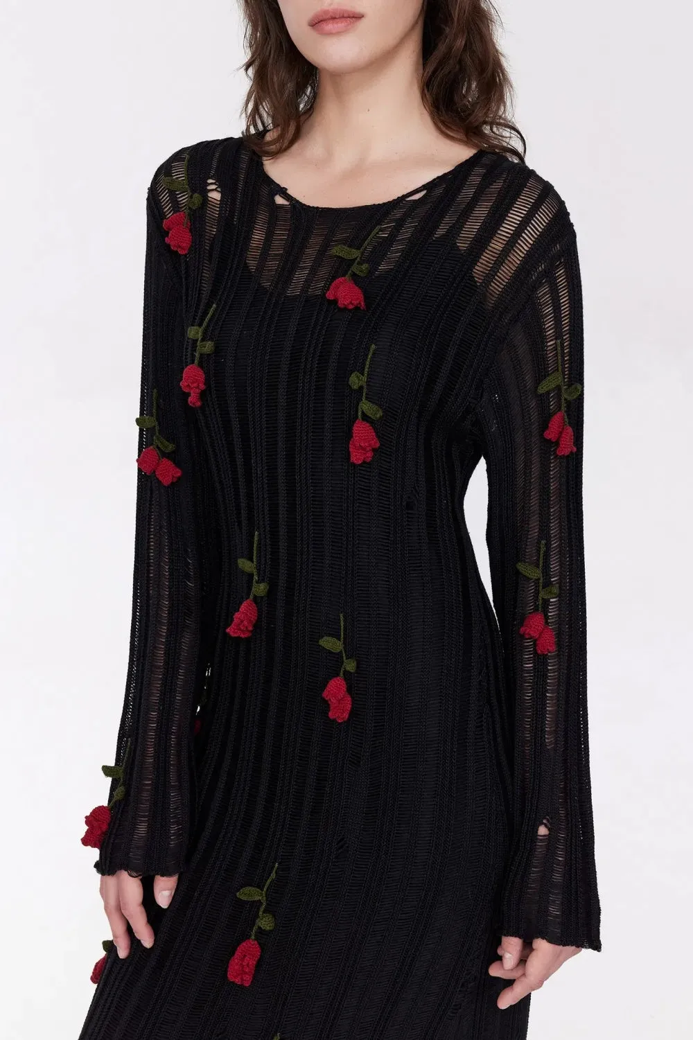 Hilaria Rose Handcrafted Knit Midi Dress in Black Gloria Lanvin