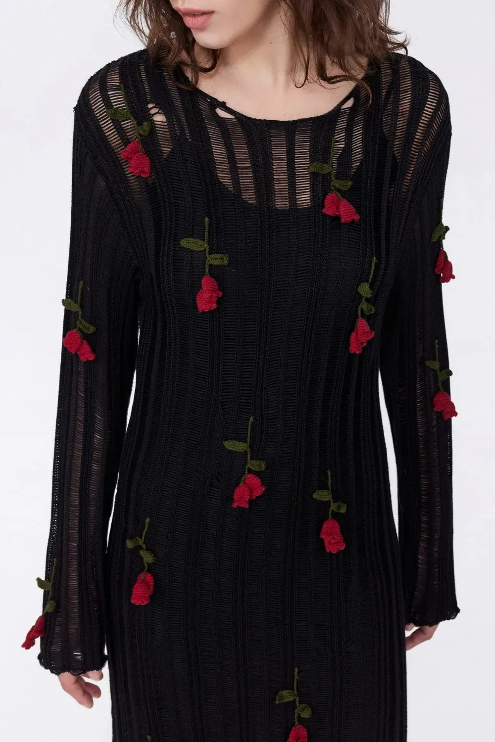 Hilaria Rose Handcrafted Knit Midi Dress in Black Gloria Lanvin