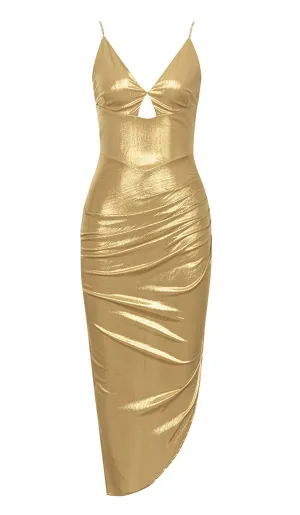 HIP WRAP SLIT MIDI DRESS IN GOLD Gloria Lanvin