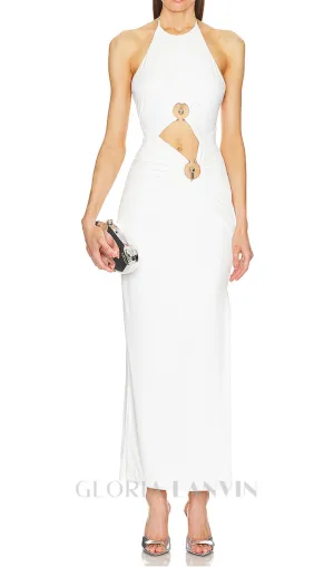 hollow cut out slit halter maxi dress in white Gloria Lanvin