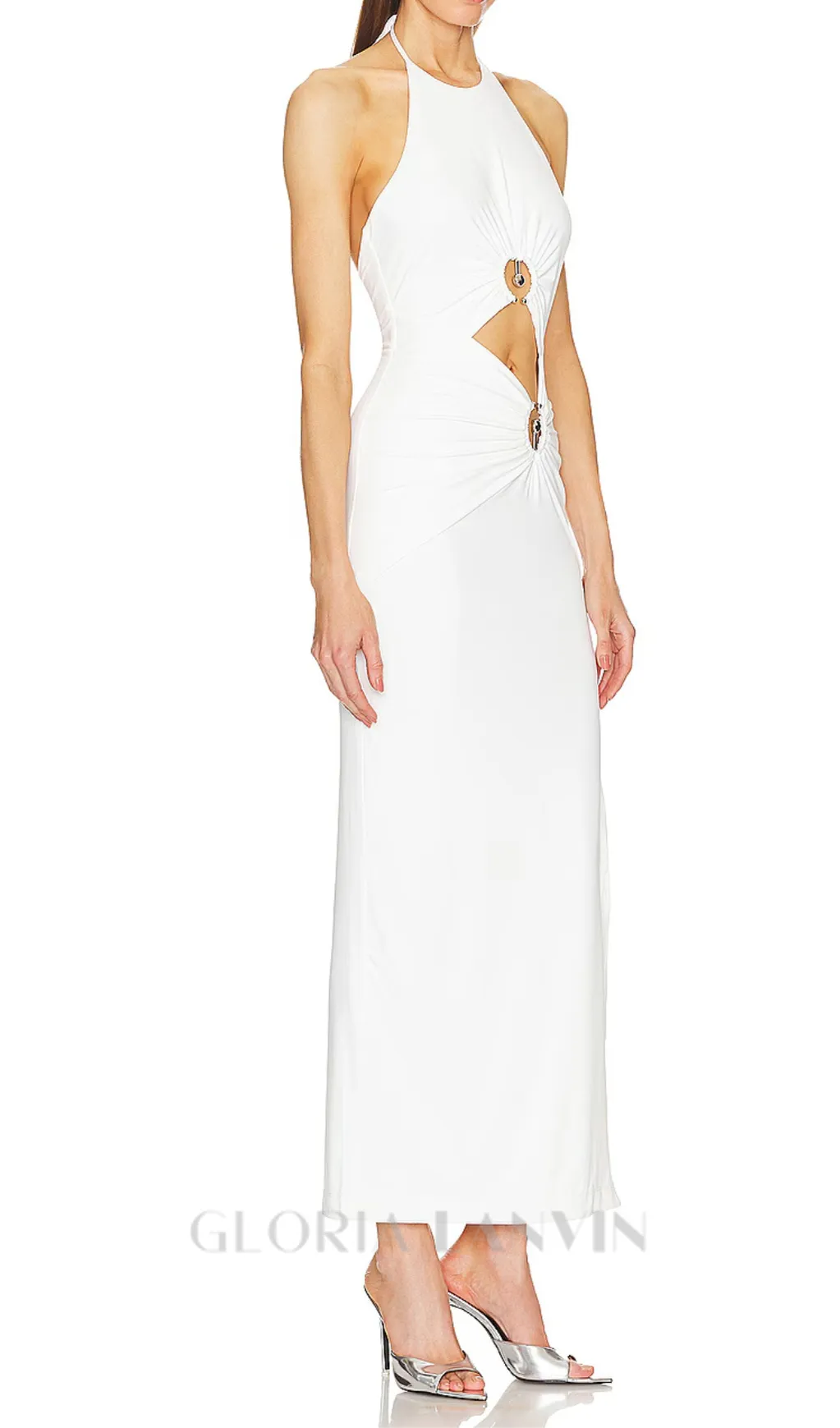 hollow cut out slit halter maxi dress in white Gloria Lanvin
