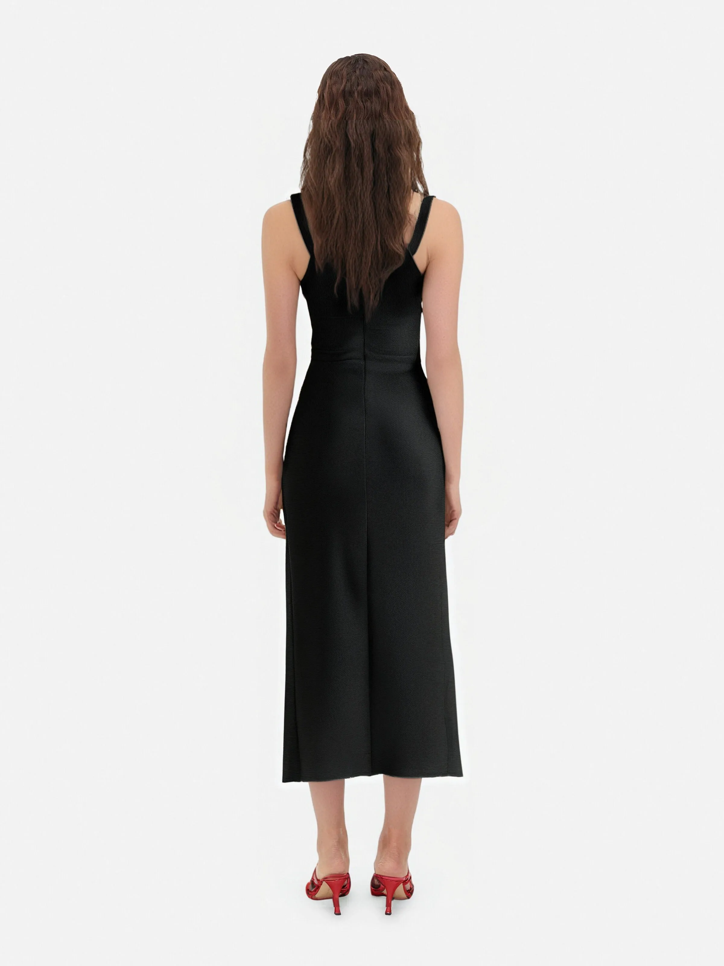 HOLLOW DOUBLE SLIT RIBBON MIDI DRESS IN BLACK Gloria Lanvin