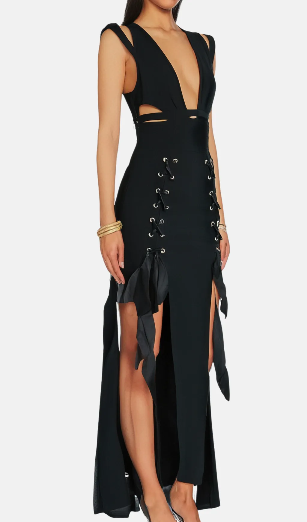 HOLLOW DOUBLE SLIT RIBBON MIDI DRESS IN BLACK Gloria Lanvin