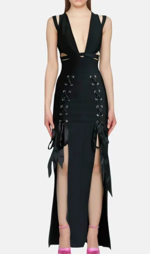 HOLLOW DOUBLE SLIT RIBBON MIDI DRESS IN BLACK Gloria Lanvin