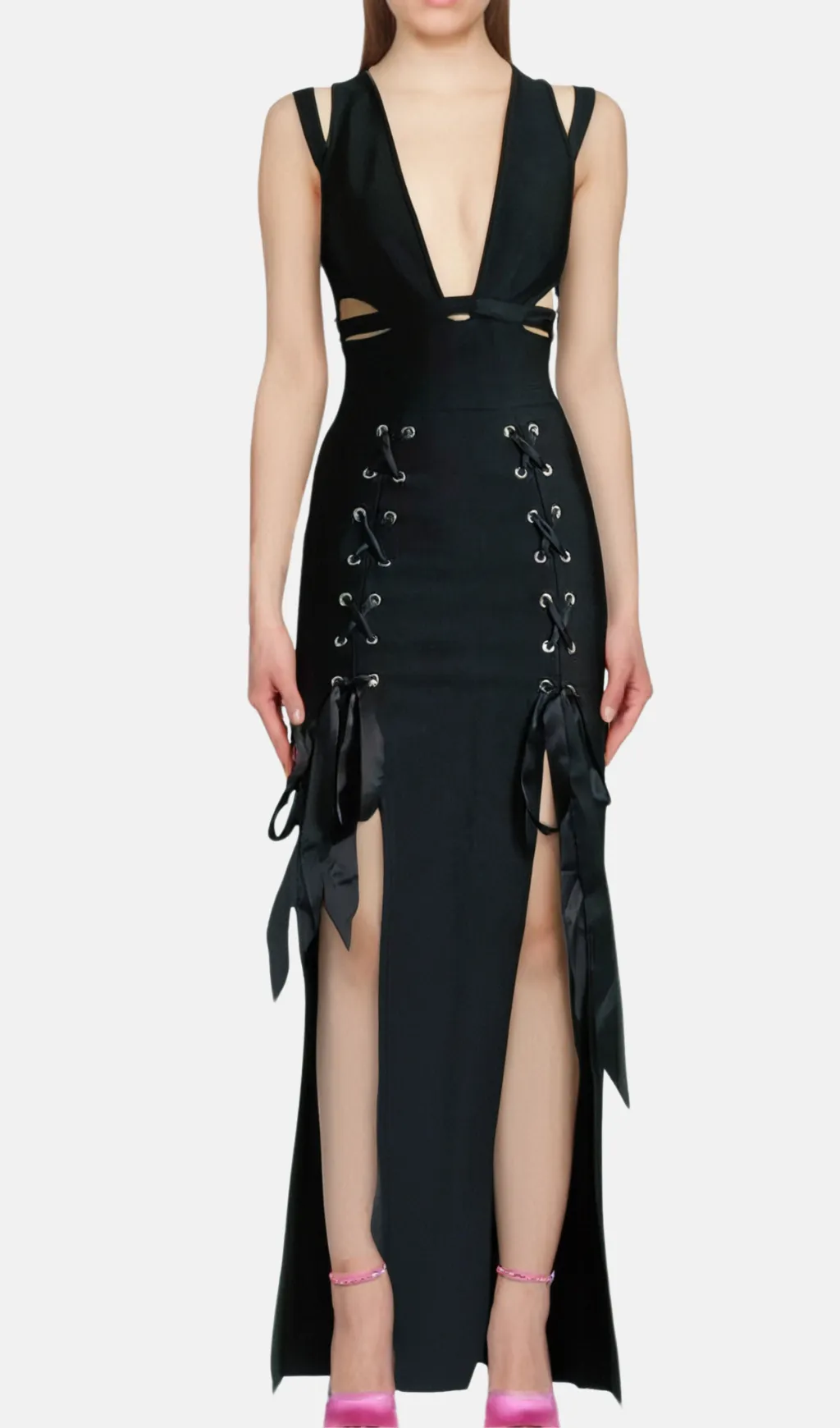 HOLLOW DOUBLE SLIT RIBBON MIDI DRESS IN BLACK Gloria Lanvin