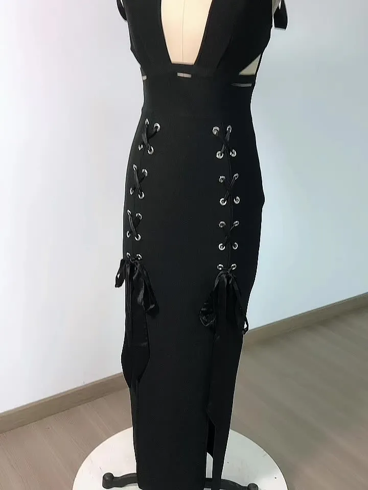 HOLLOW DOUBLE SLIT RIBBON MIDI DRESS IN BLACK Gloria Lanvin