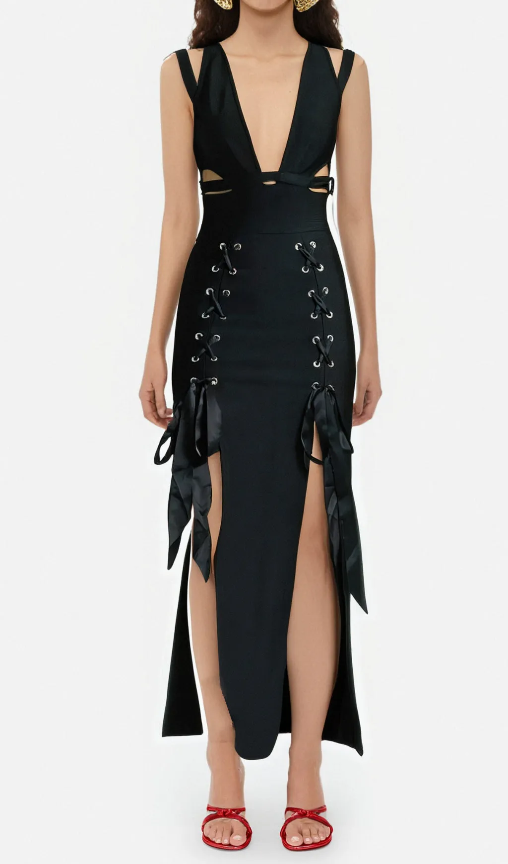 HOLLOW DOUBLE SLIT RIBBON MIDI DRESS IN BLACK Gloria Lanvin