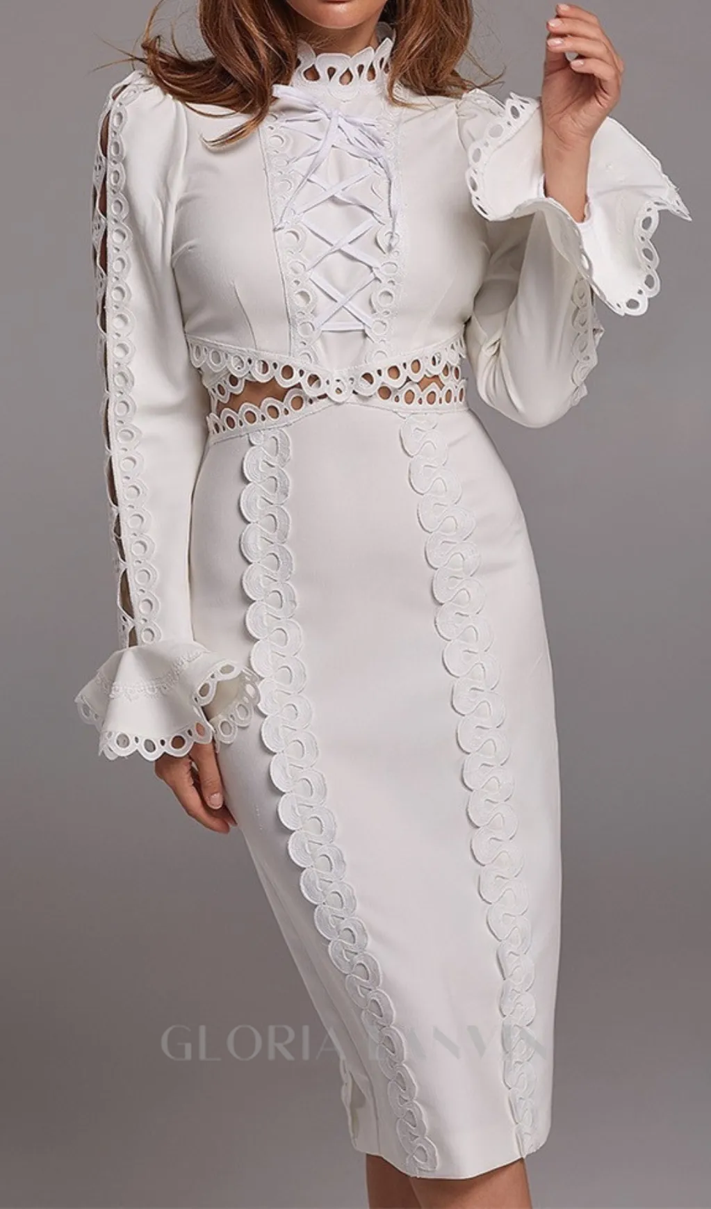 hollow Lace Midi Dress in White Gloria Lanvin