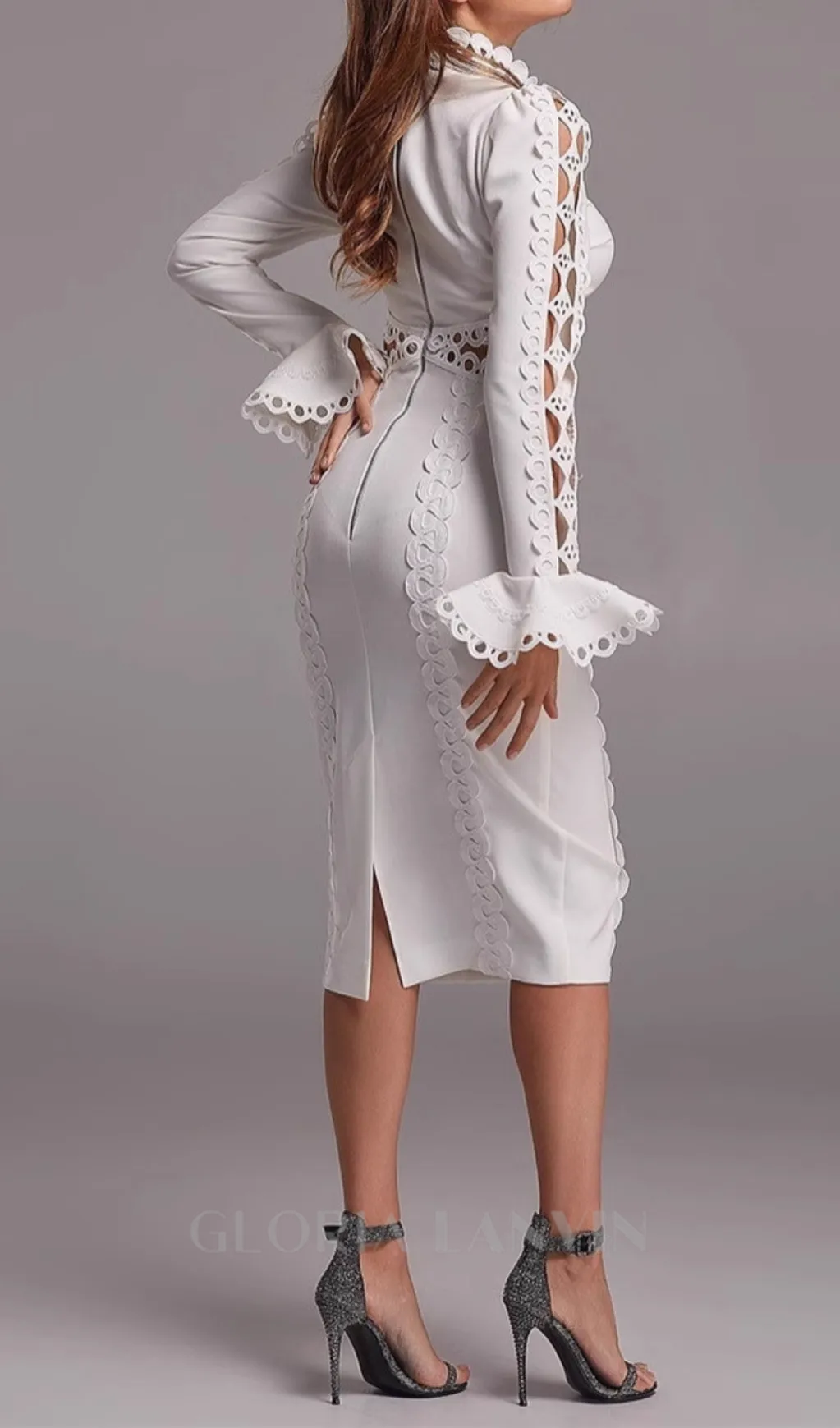 hollow Lace Midi Dress in White Gloria Lanvin