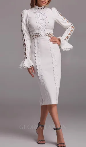 hollow Lace Midi Dress in White Gloria Lanvin
