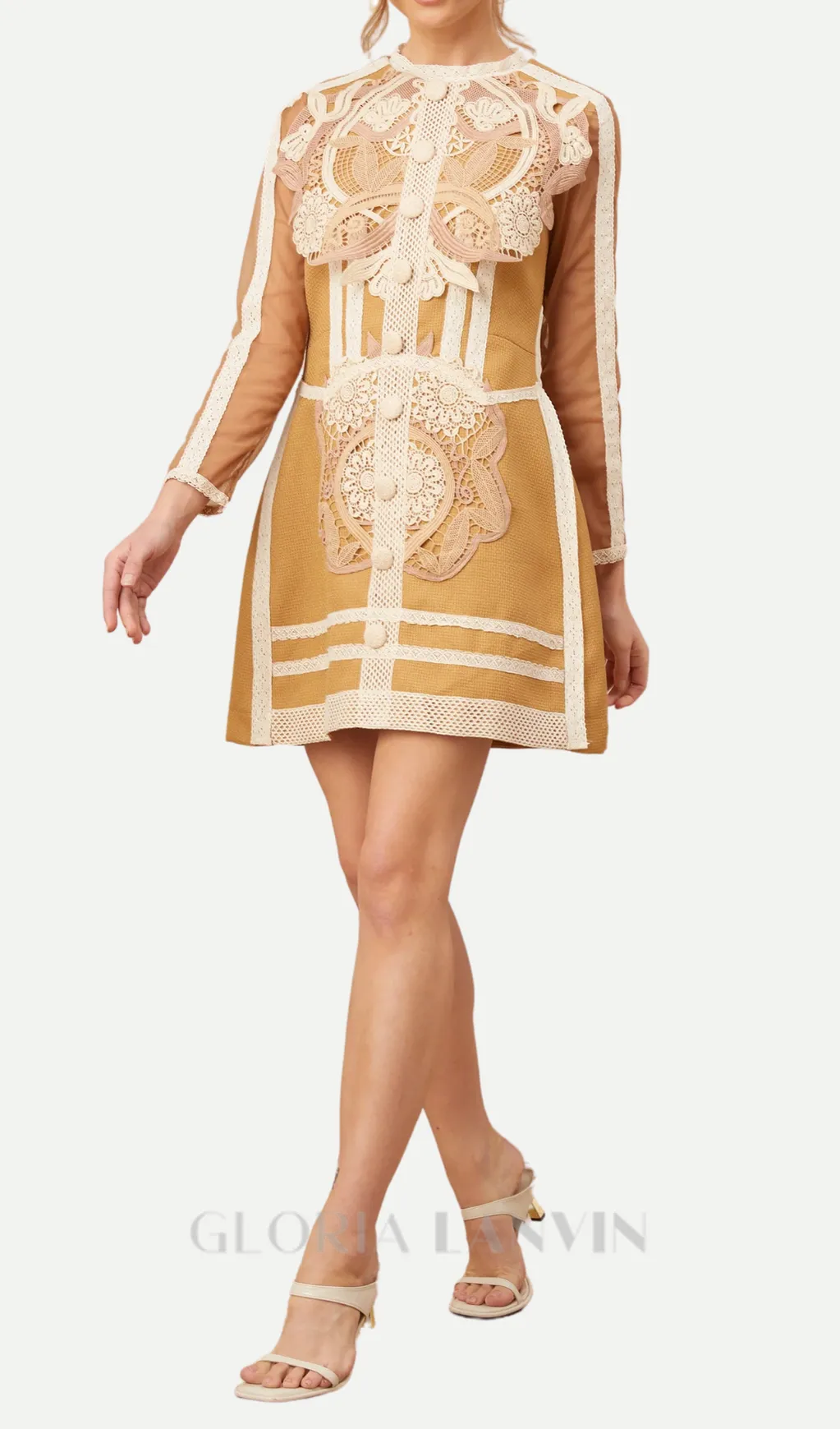 hollow lace peplum mini dress in yellow Gloria Lanvin