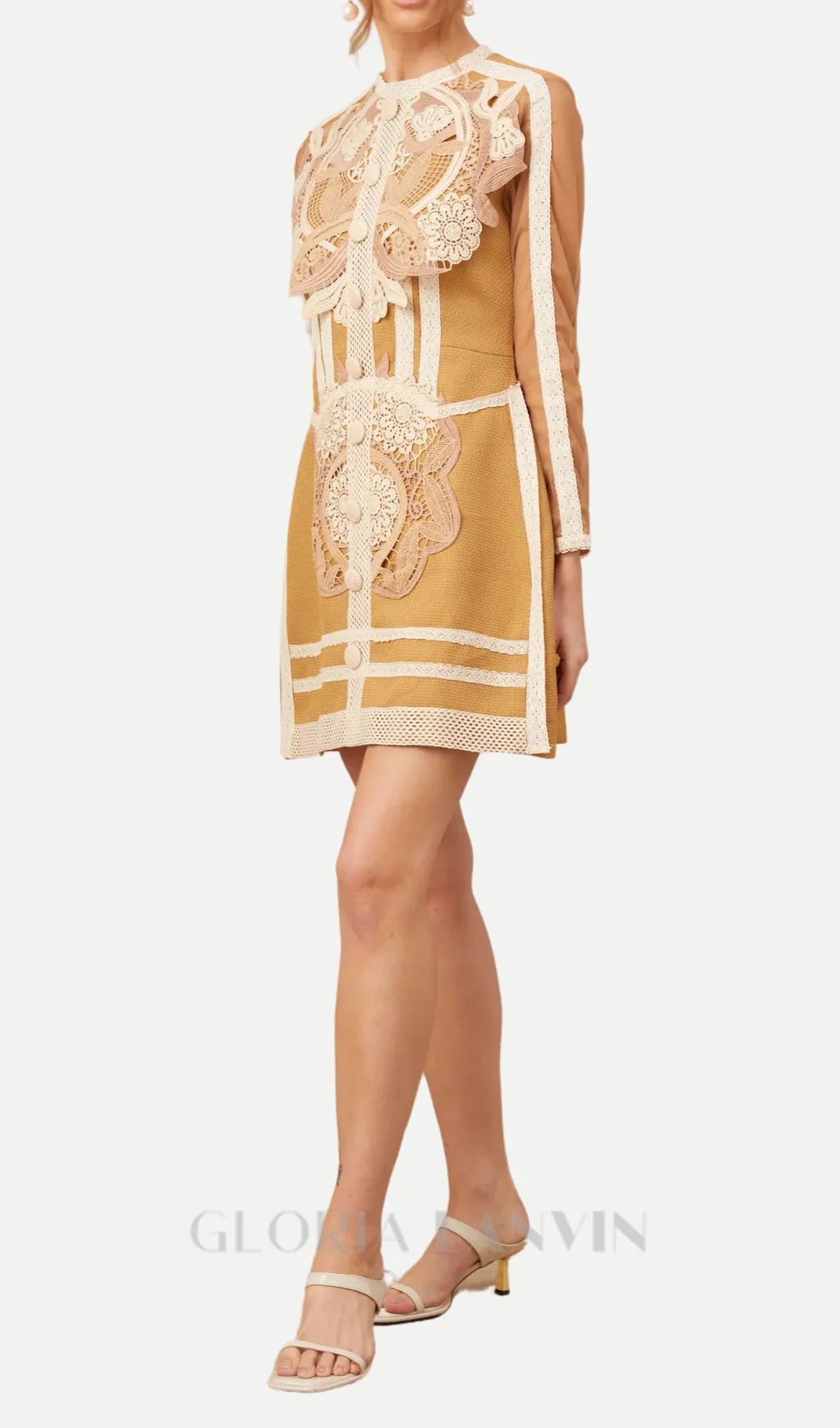 hollow lace peplum mini dress in yellow Gloria Lanvin