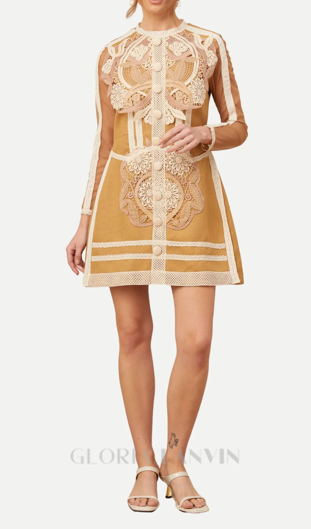 hollow lace peplum mini dress in yellow Gloria Lanvin