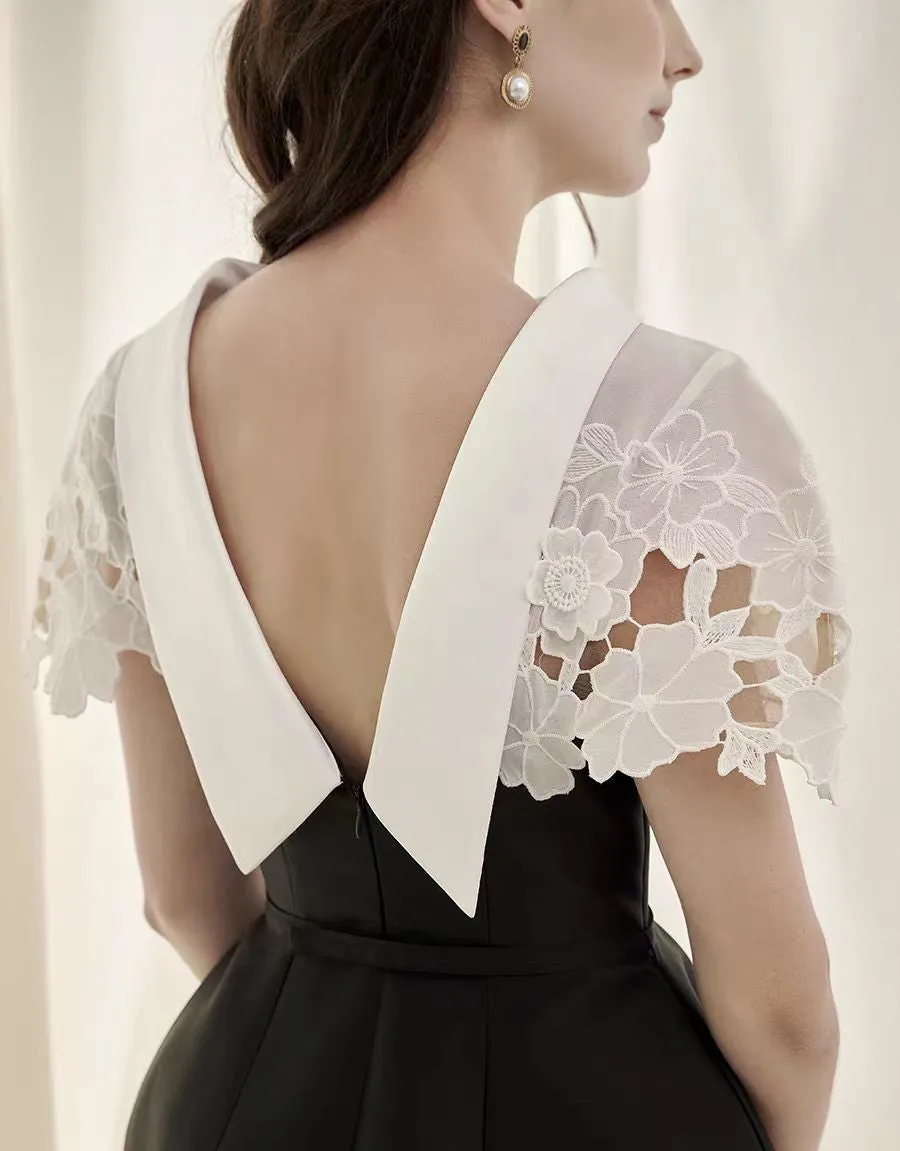 Hollow lace slim A-line midi dress in black Gloria Lanvin
