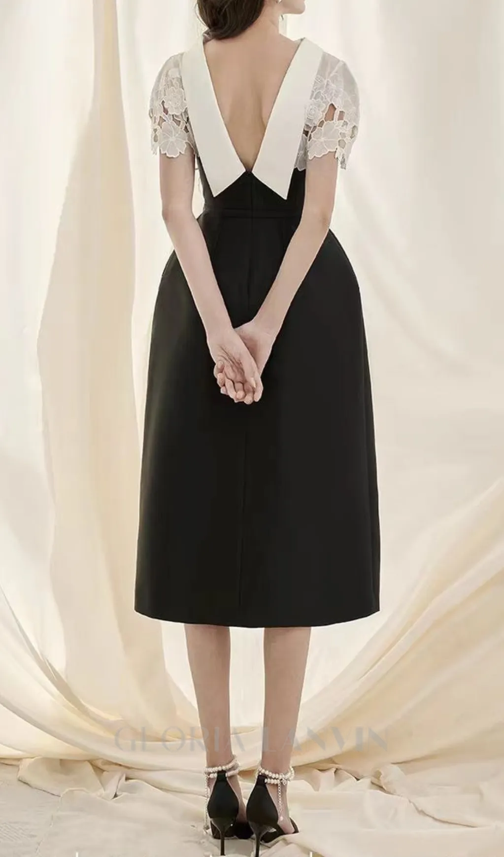 Hollow lace slim A-line midi dress in black Gloria Lanvin