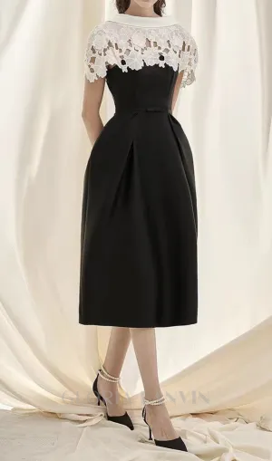 Hollow lace slim A-line midi dress in black Gloria Lanvin