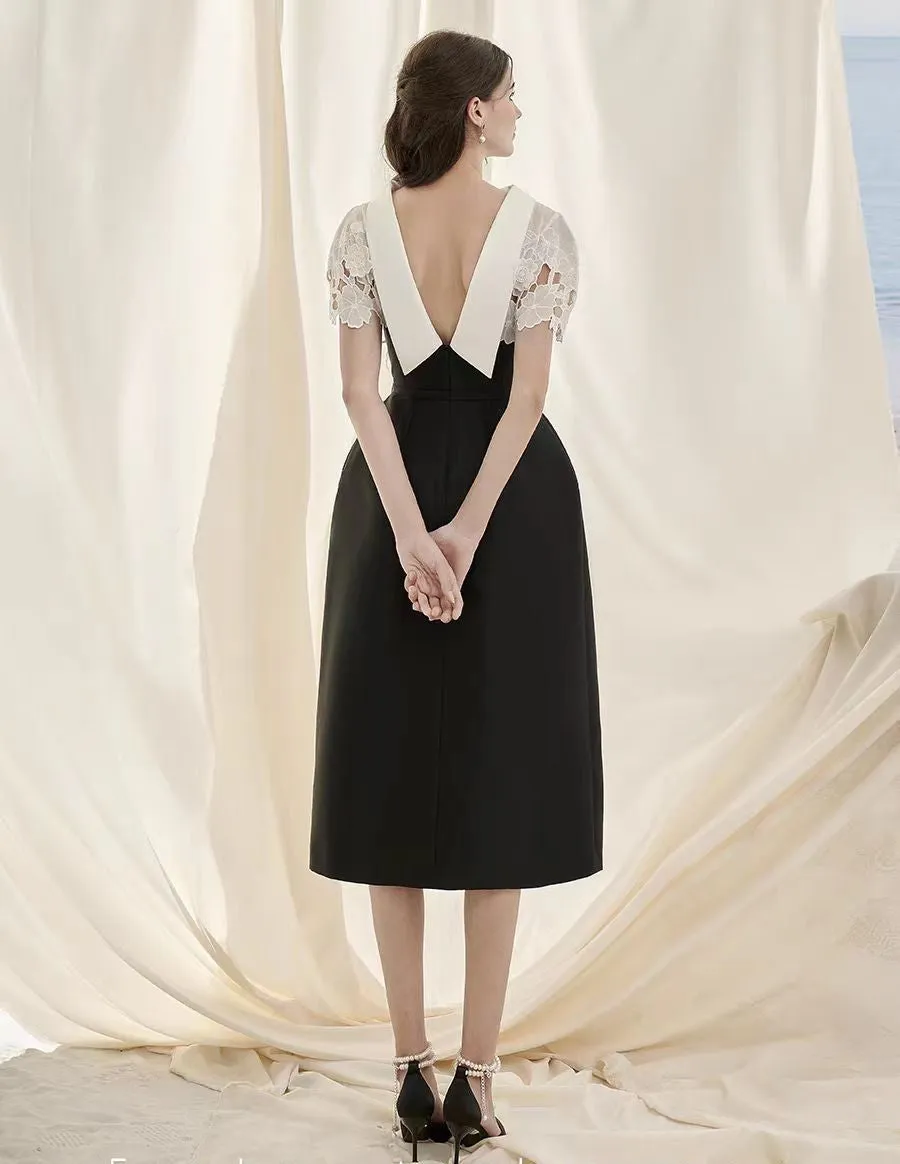 Hollow lace slim A-line midi dress in black Gloria Lanvin