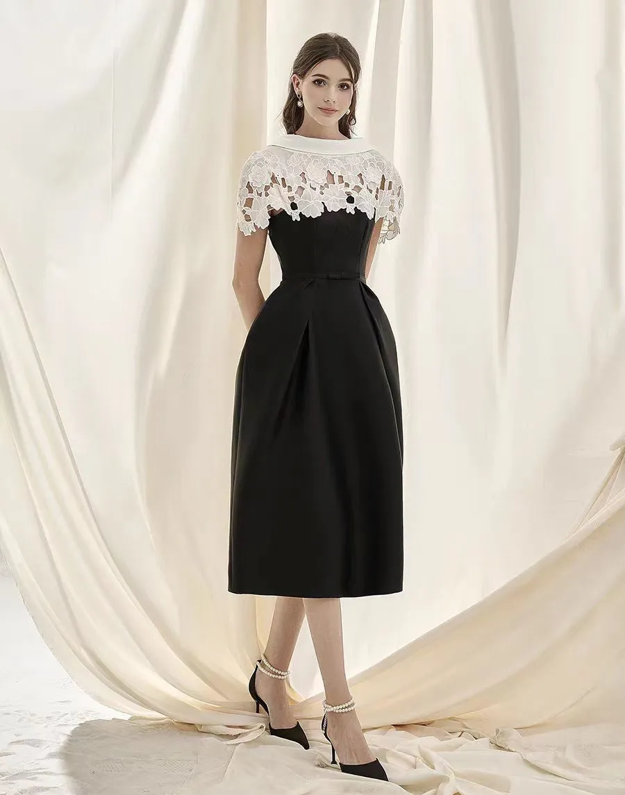 Hollow lace slim A-line midi dress in black Gloria Lanvin