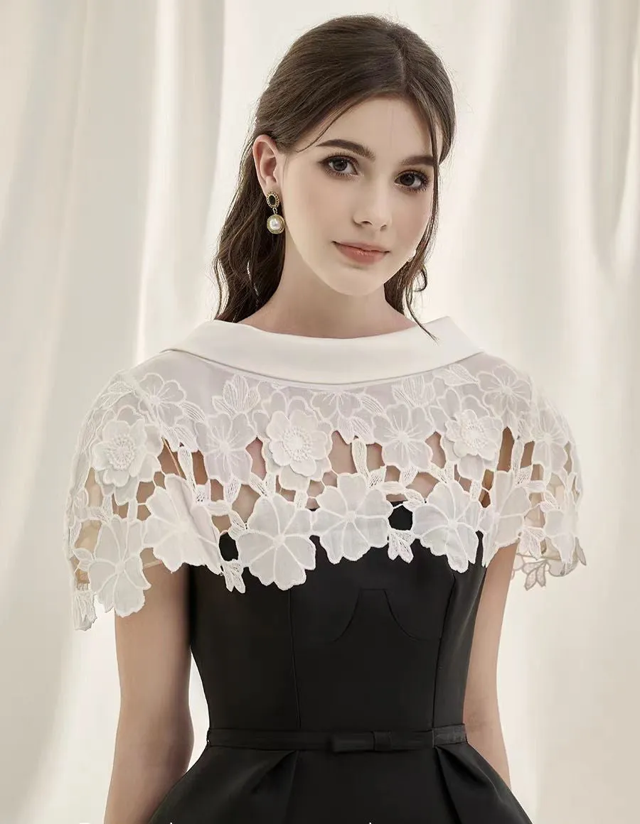 Hollow lace slim A-line midi dress in black Gloria Lanvin