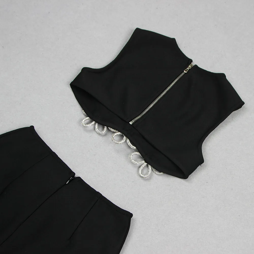 HOLLOW SLEEVELESS HOT RHINESTONE TOP & DRESS SET Gloria Lanvin