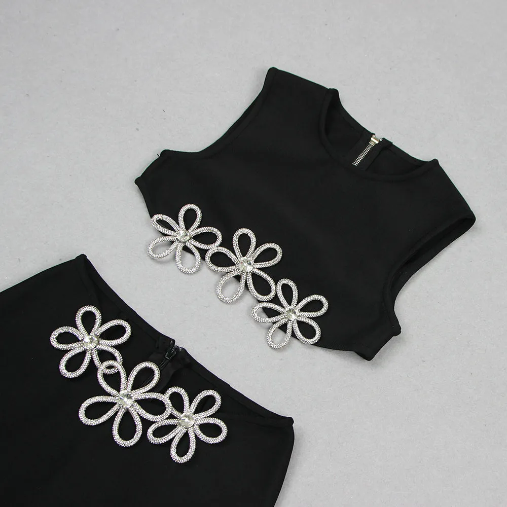 HOLLOW SLEEVELESS HOT RHINESTONE TOP & DRESS SET Gloria Lanvin