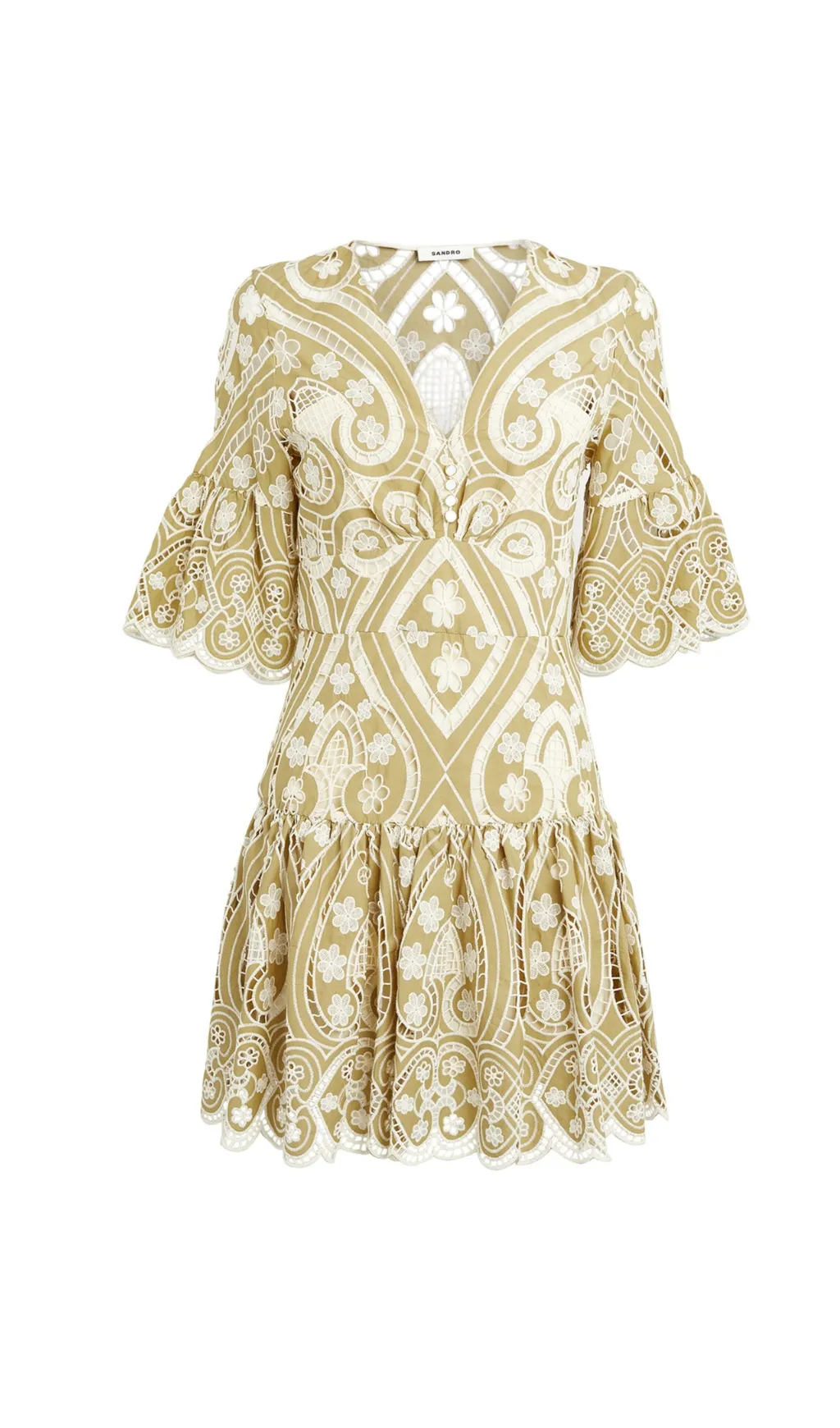 HOLLOW V-NECK RUFFLED TRUMPET SLEEVE MINI DRESS Gloria Lanvin