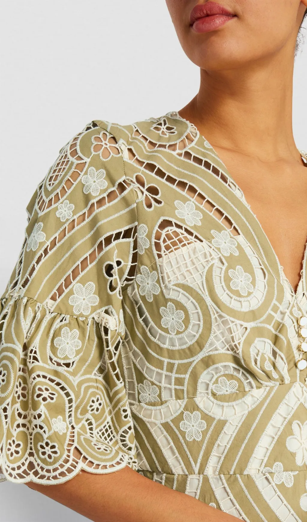 HOLLOW V-NECK RUFFLED TRUMPET SLEEVE MINI DRESS Gloria Lanvin
