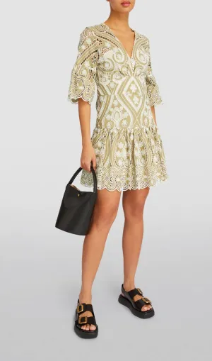 HOLLOW V-NECK RUFFLED TRUMPET SLEEVE MINI DRESS Gloria Lanvin