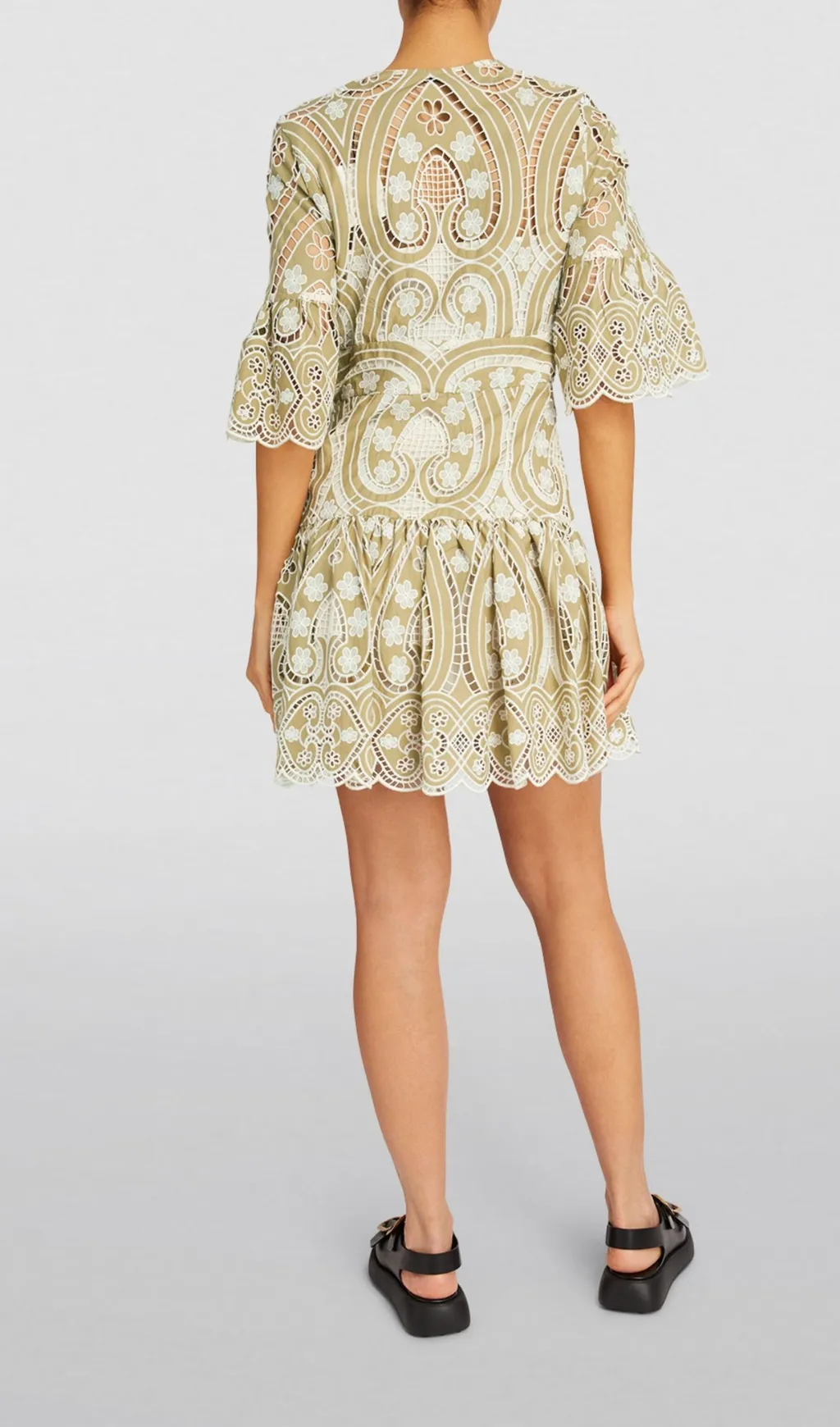 HOLLOW V-NECK RUFFLED TRUMPET SLEEVE MINI DRESS Gloria Lanvin