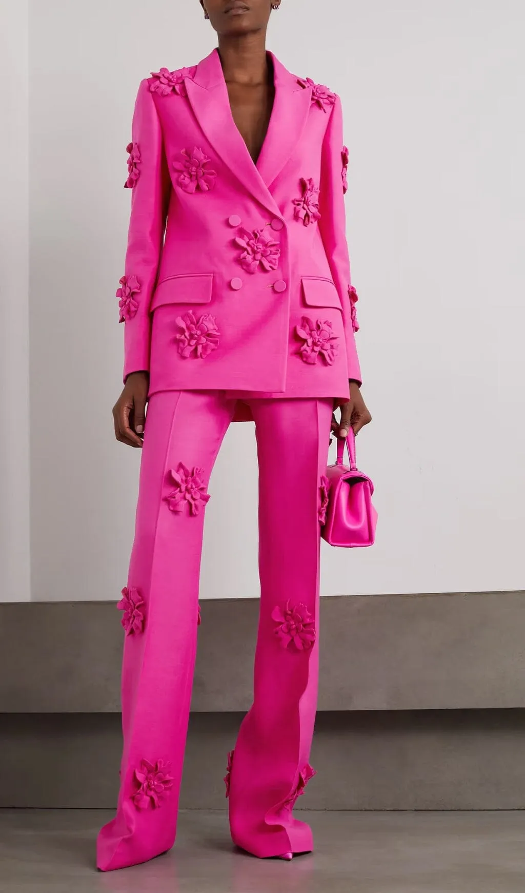 HOT PINK DOUBLE-BREASTED DIMENSIONAL FLOWER SUIT Gloria Lanvin