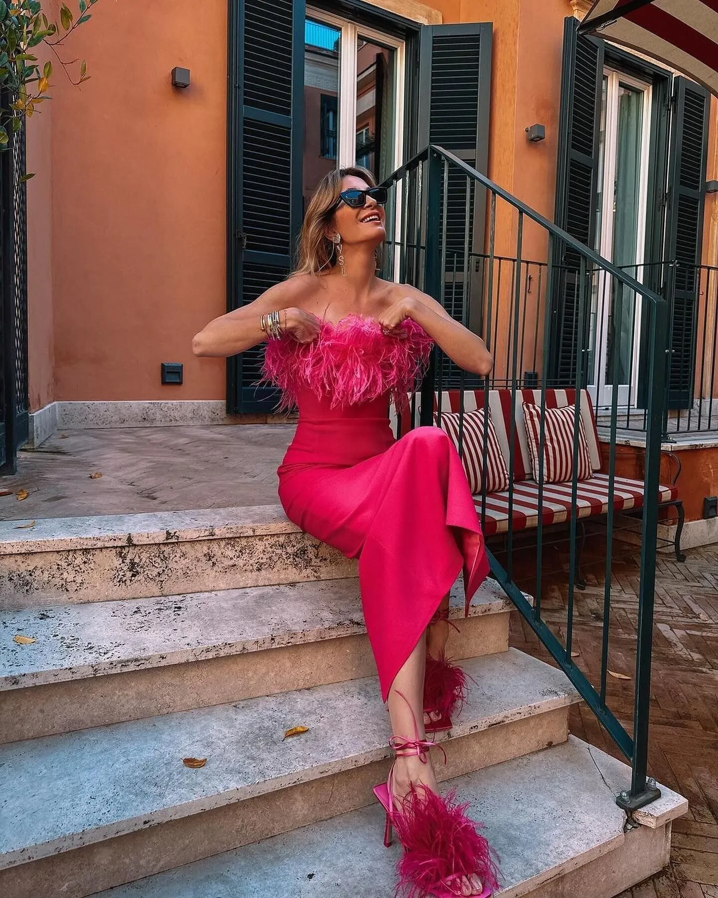 HOT PINK FEATHER BODYCON MAXI DRESS Gloria Lanvin