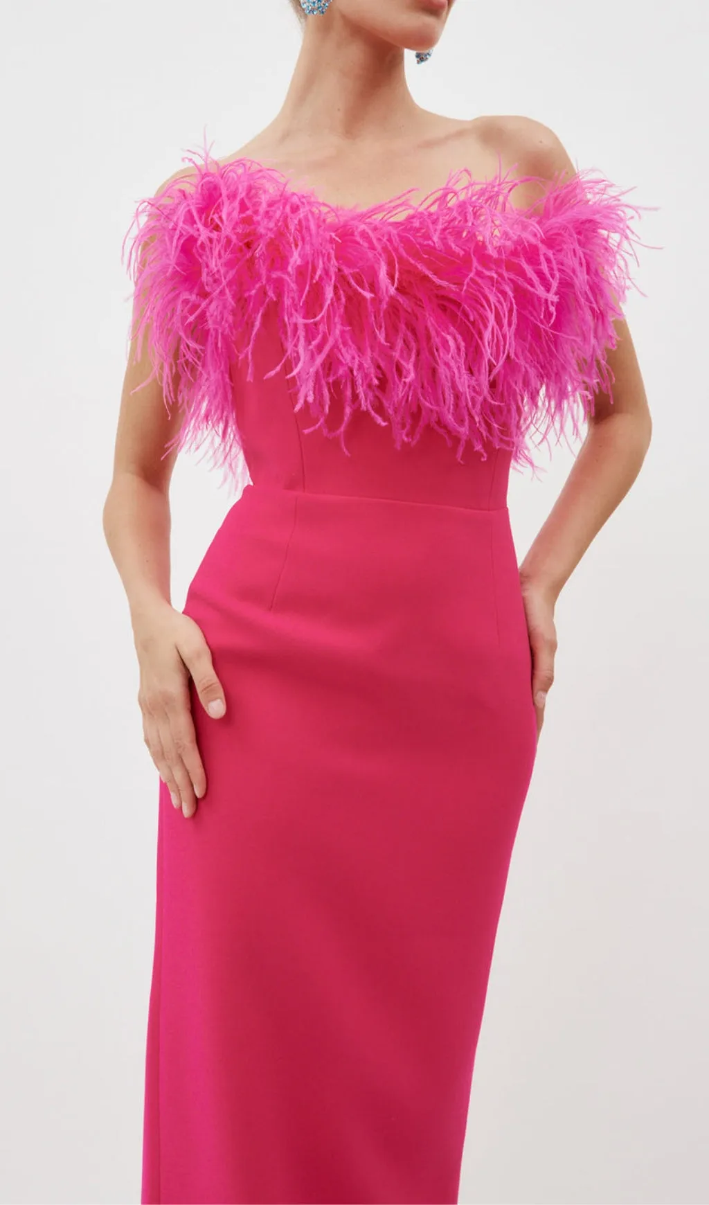 HOT PINK FEATHER BODYCON MAXI DRESS Gloria Lanvin