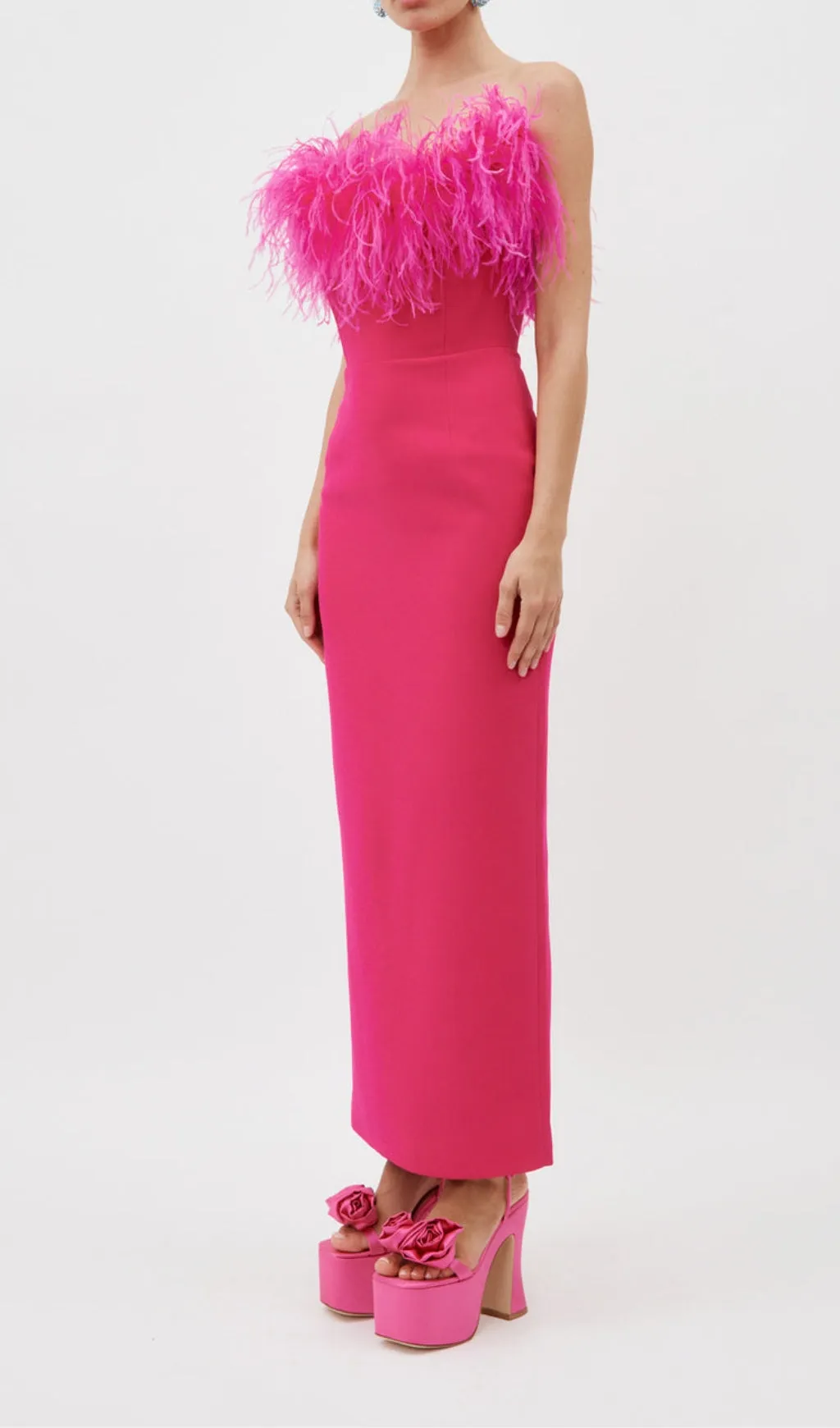 HOT PINK FEATHER BODYCON MAXI DRESS Gloria Lanvin