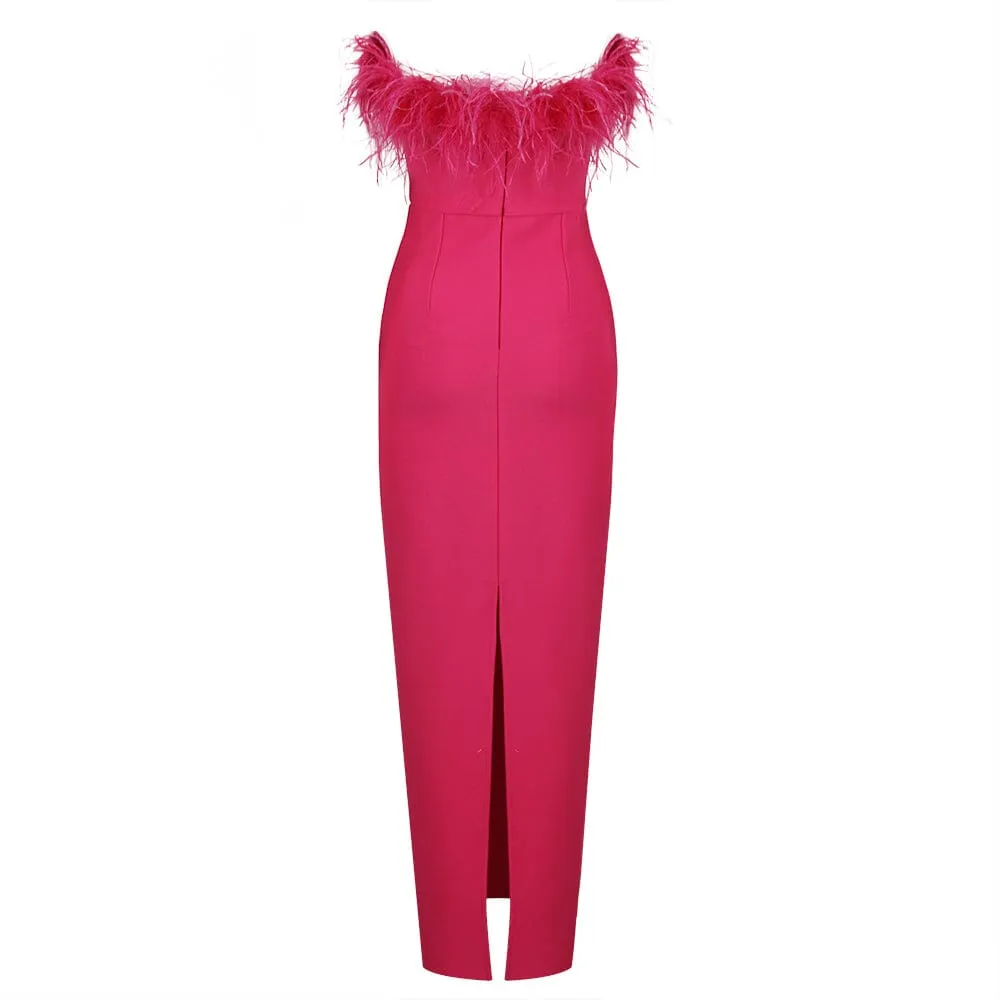HOT PINK FEATHER BODYCON MAXI DRESS Gloria Lanvin