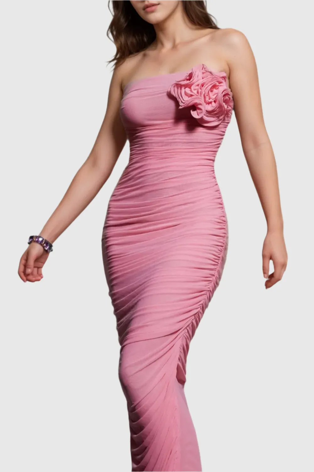 IDRA STRAPLESS FLOWER RUCHED MAXI DRESS IN PINK Gloria Lanvin