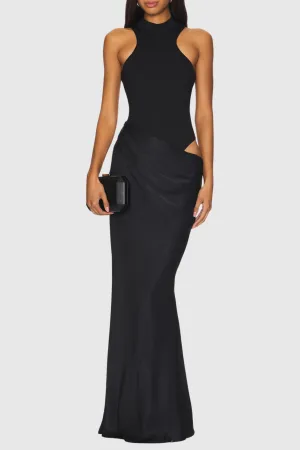 Ilya Asymmetrical Cutout Satin Maxi Dress in Black Gloria Lanvin