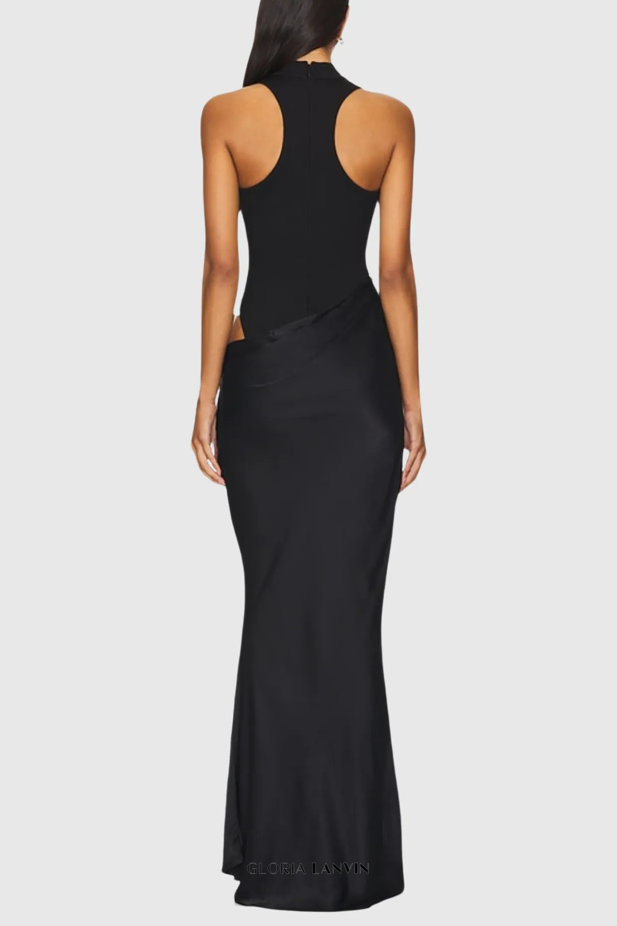Ilya Asymmetrical Cutout Satin Maxi Dress in Black Gloria Lanvin