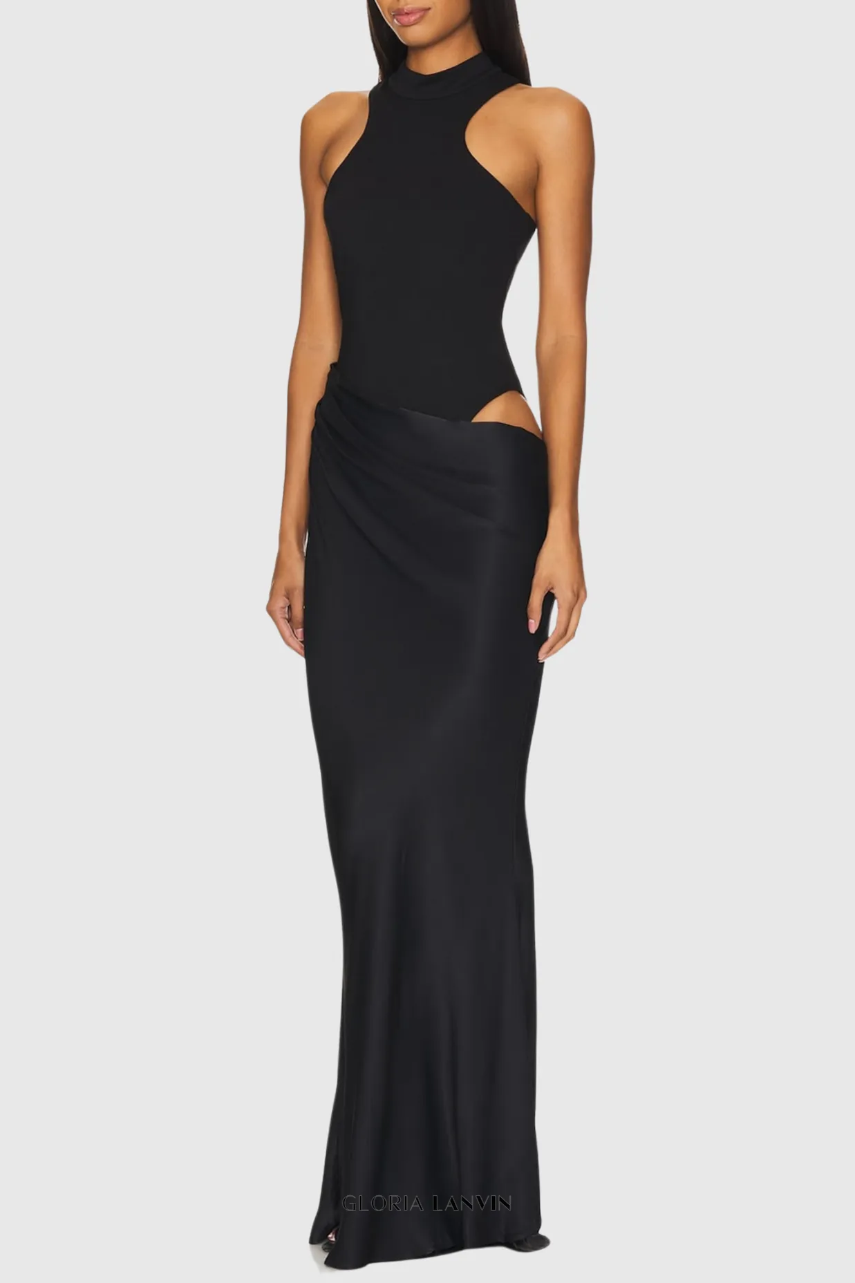 Ilya Asymmetrical Cutout Satin Maxi Dress in Black Gloria Lanvin