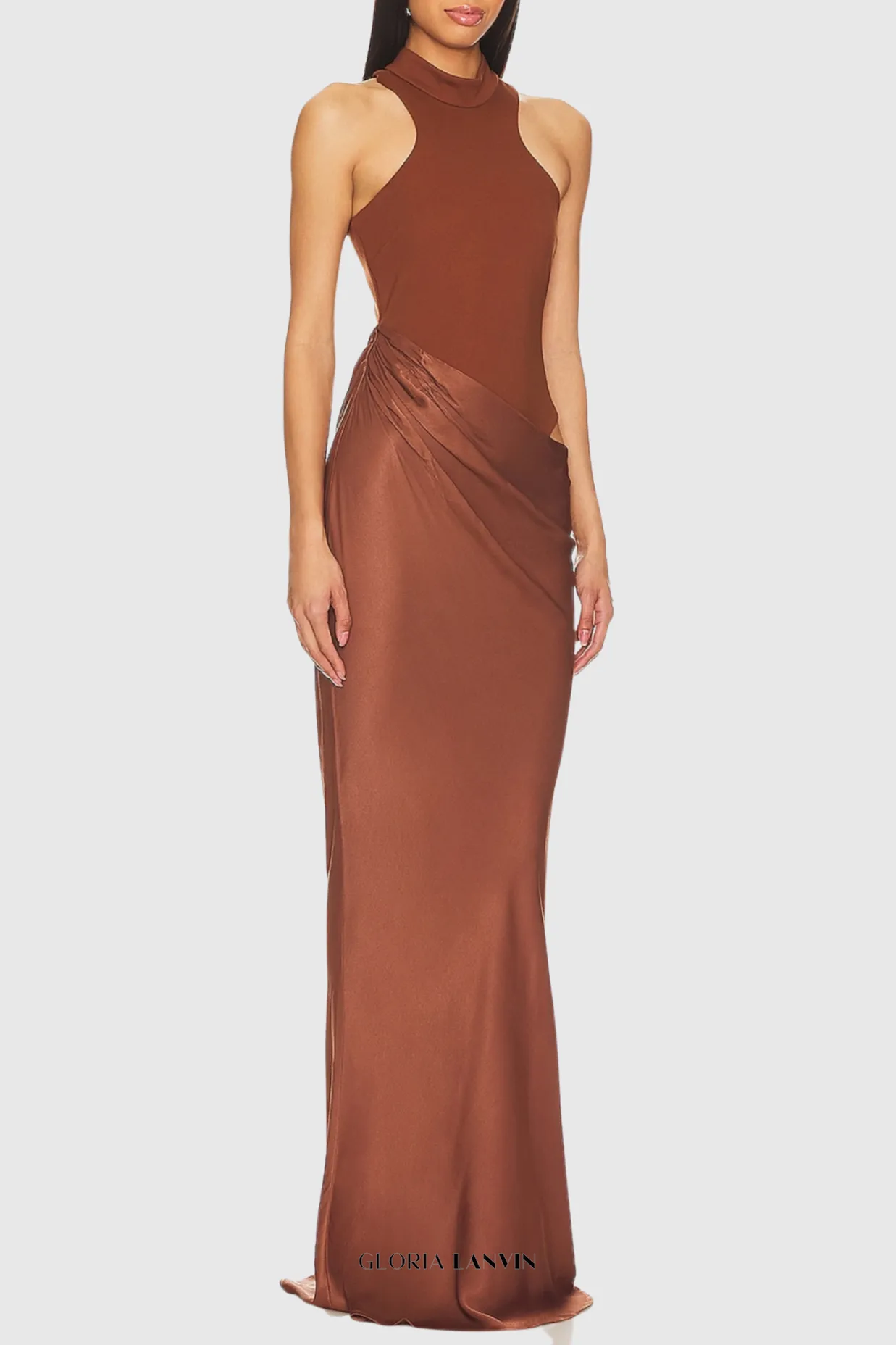 Ilya Asymmetrical Cutout Satin Maxi Dress in Brown Gloria Lanvin