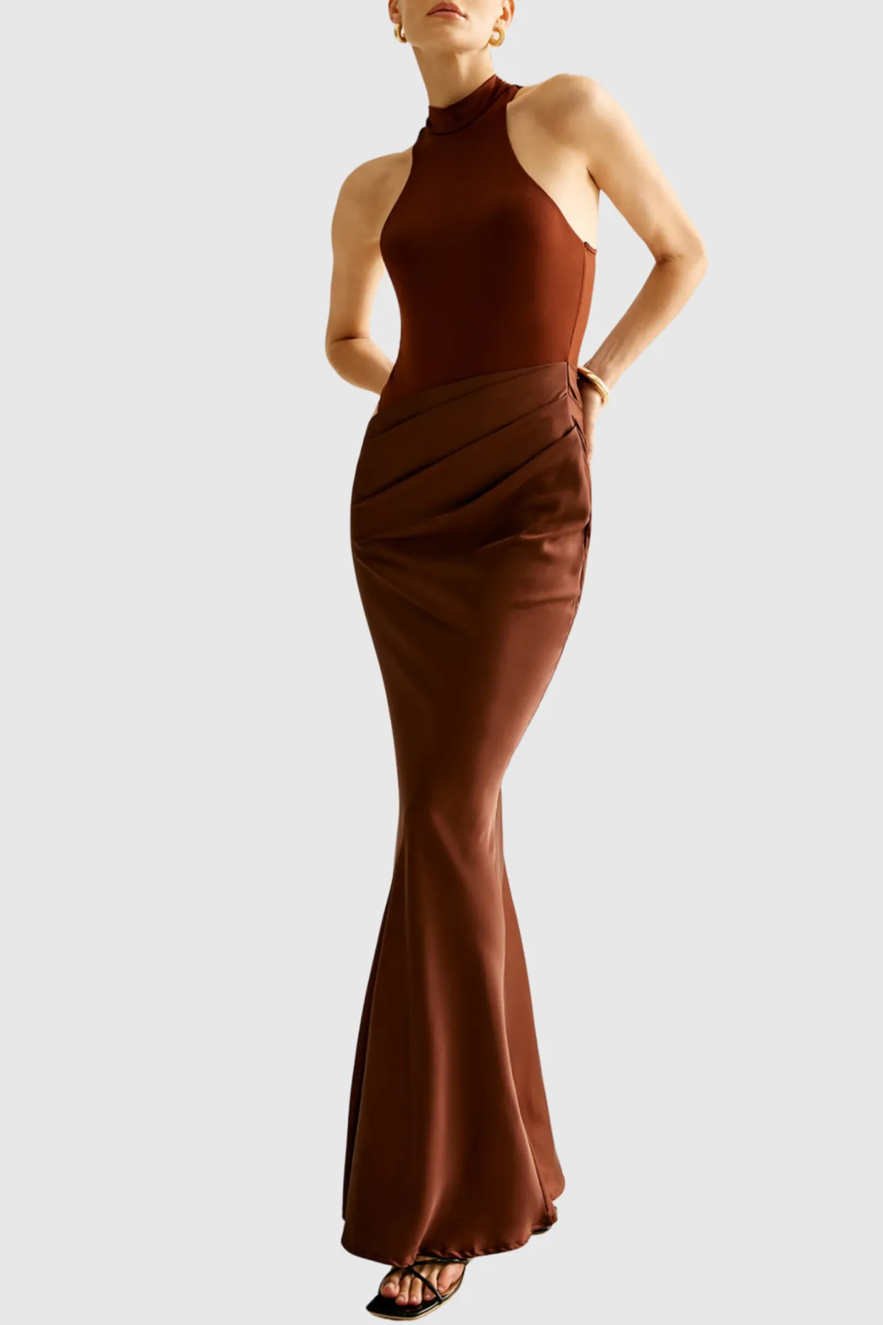 Ilya Asymmetrical Cutout Satin Maxi Dress in Brown Gloria Lanvin