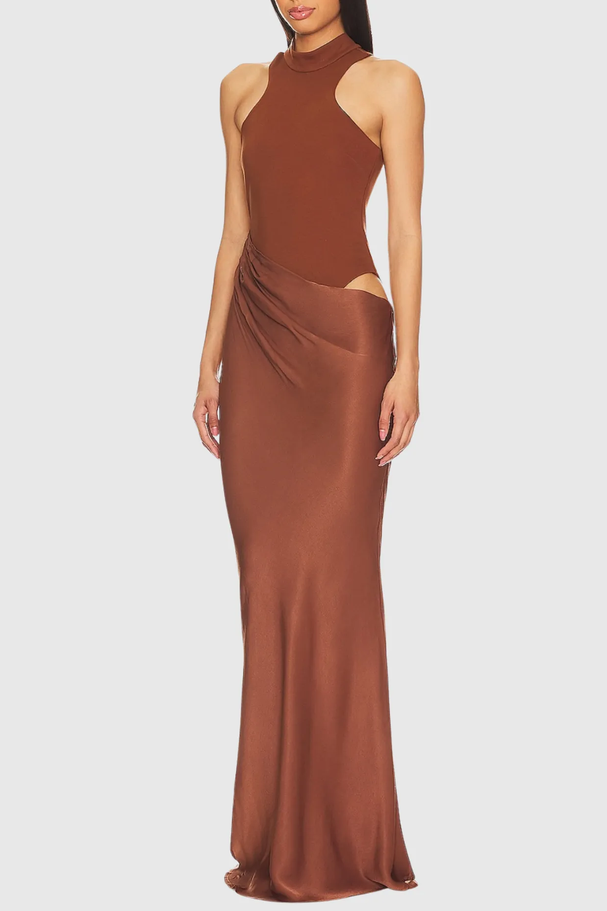 Ilya Asymmetrical Cutout Satin Maxi Dress in Brown Gloria Lanvin