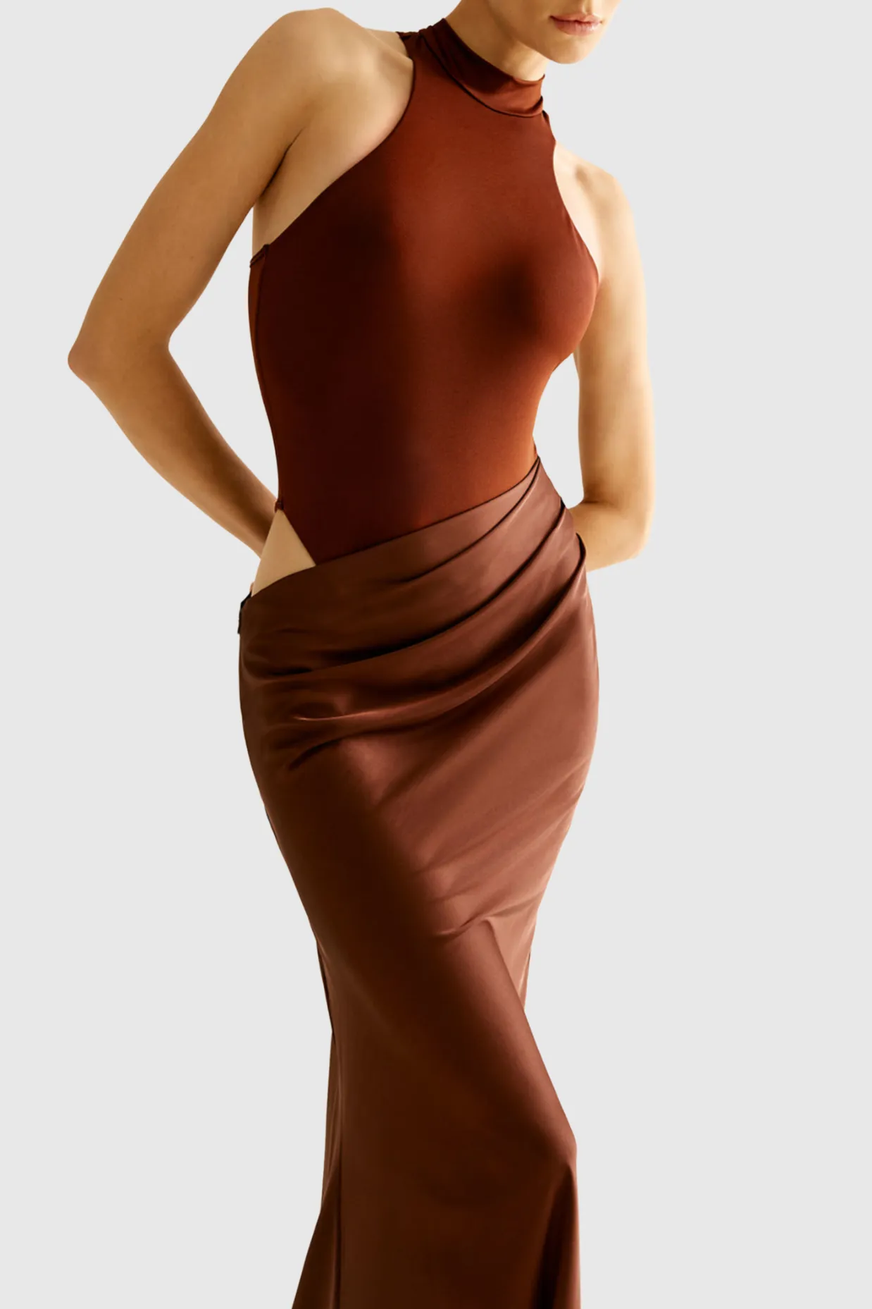 Ilya Asymmetrical Cutout Satin Maxi Dress in Brown Gloria Lanvin